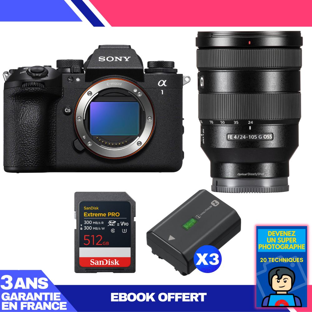 Boitier Sony alpha 1 II + FE 24 105mm f4 G OSS + 1 SanDisk Extreme PRO UHS II SDXC + 3 Sony NP FZ100 + Ebook 'Devenez Un Super Photographe - vue 2