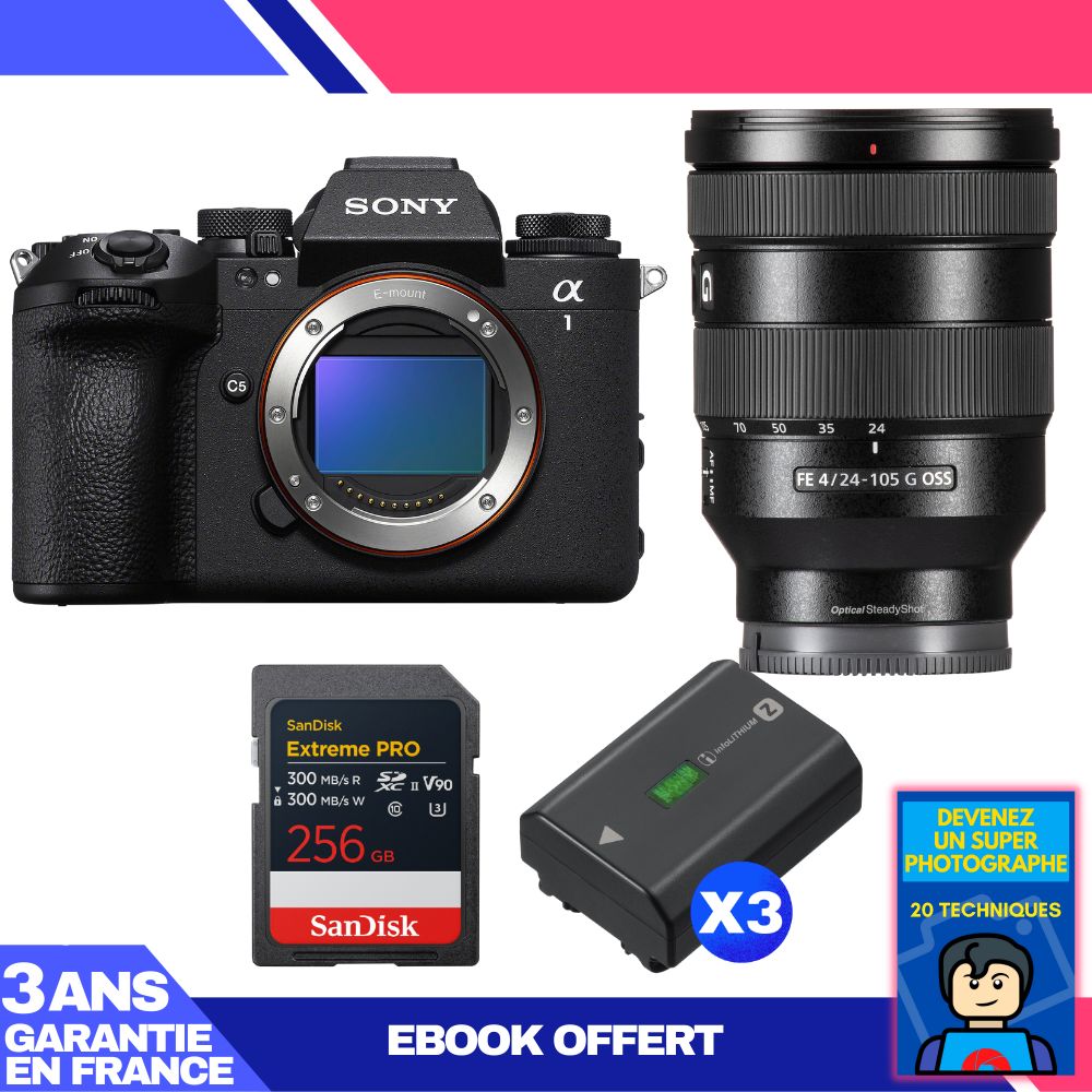 Boitier Sony alpha 1 II + FE 24 105mm f4 G OSS + 1 SanDisk Extreme PRO UHS II SDXC + 3 Sony NP FZ100 + Ebook 'Devenez Un Super Photographe