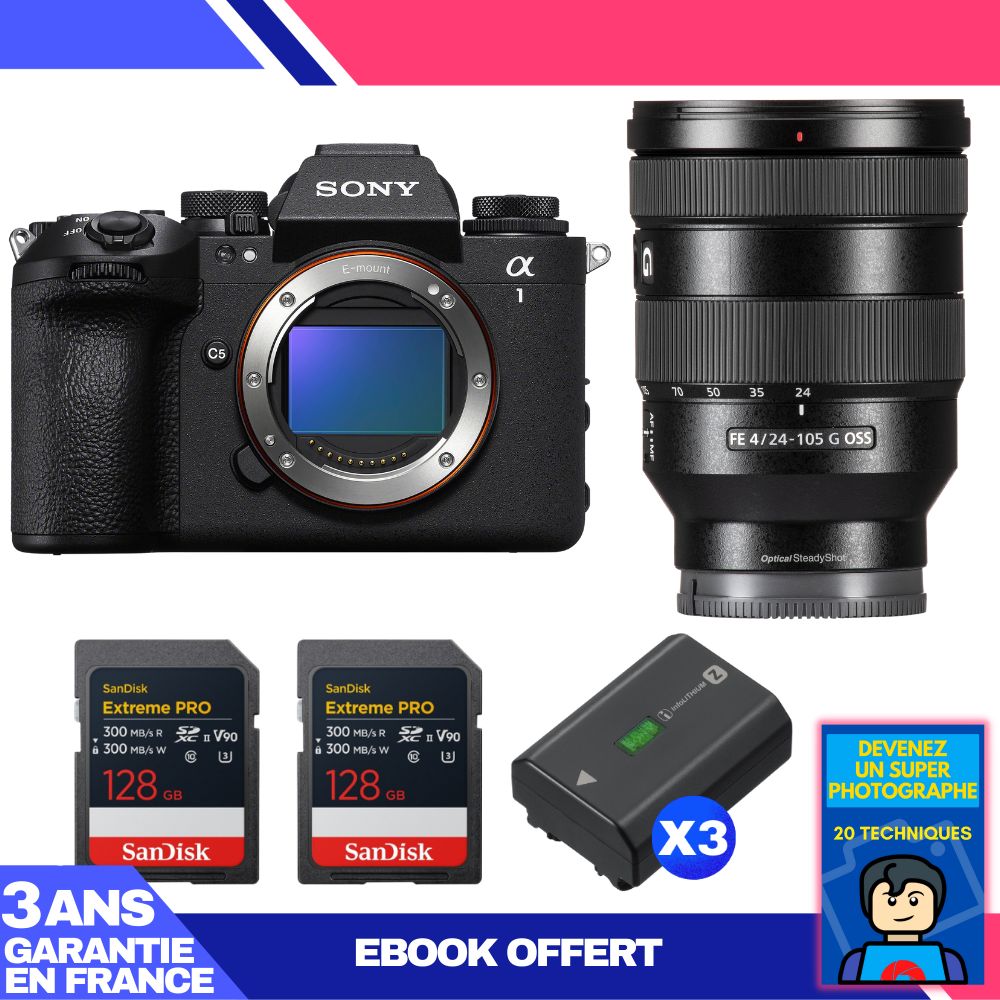 Boitier Sony alpha 1 II + FE 24 105mm f4 G OSS + 2 SanDisk Extreme PRO UHS II SDXC + 3 Sony NP FZ100 + Ebook 'Devenez Un Super Photographe - vue 2