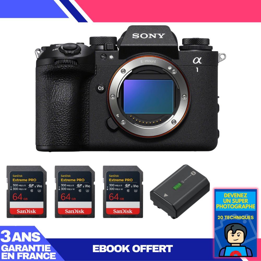 Boitier Sony alpha 1 II + 3 SanDisk Extreme PRO UHS II SDXC + Sony NP FZ100 + Ebook 'Devenez Un Super Photographe