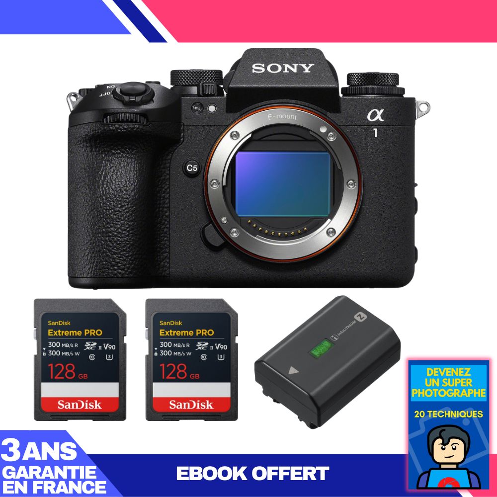 Boitier Sony alpha 1 II + 2 SanDisk Extreme PRO UHS II SDXC + Sony NP FZ100 + Ebook 'Devenez Un Super Photographe