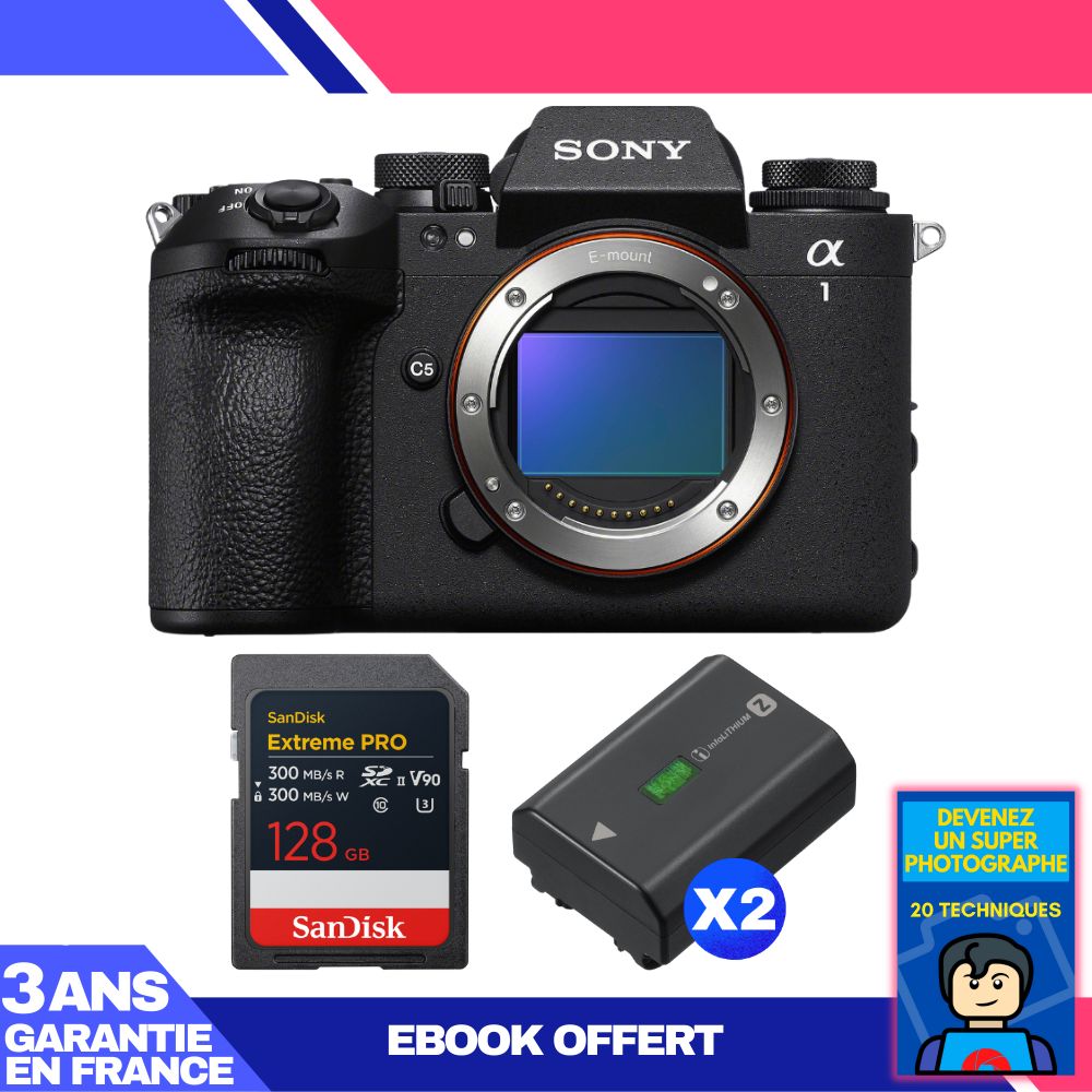 Boitier Sony alpha 1 II + 1 SanDisk Extreme PRO UHS II SDXC + 2 Sony NP FZ100 + Ebook 'Devenez Un Super Photographe