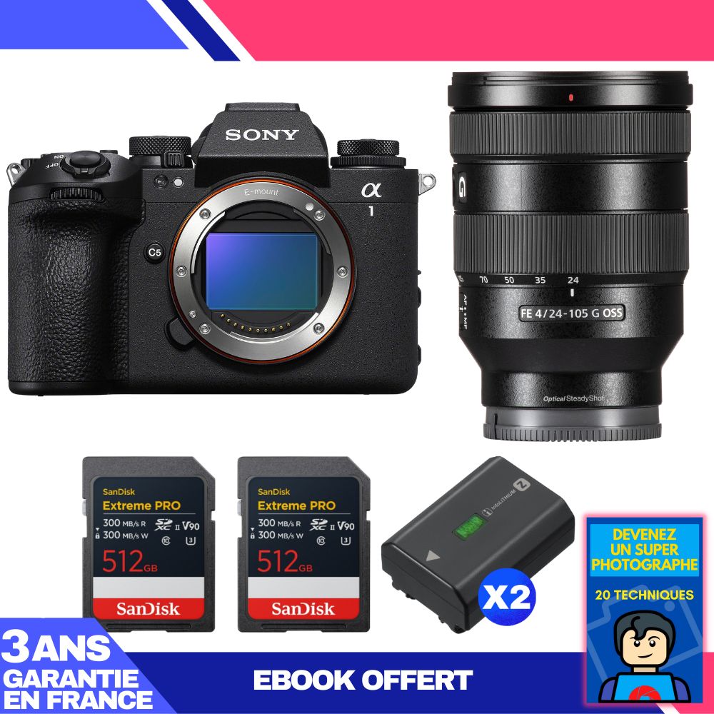 Boitier Sony alpha 1 II + FE 24 105mm f4 G OSS + 2 SanDisk Extreme PRO UHS II SDXC + 2 Sony NP FZ100 + Ebook 'Devenez Un Super Photographe