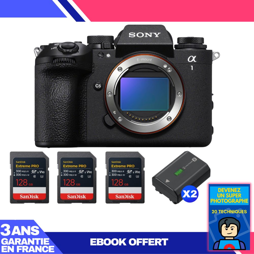 Boitier Sony alpha 1 II + 3 SanDisk Extreme PRO UHS II SDXC + 2 Sony NP FZ100 + Ebook 'Devenez Un Super Photographe