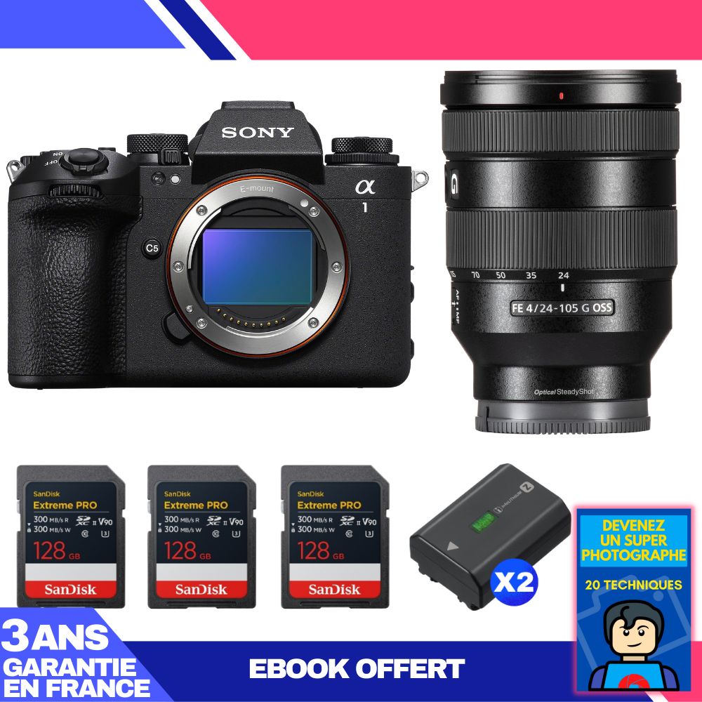 Boitier Sony alpha 1 II + FE 24 105mm f4 G OSS + 3 SanDisk Extreme PRO UHS II SDXC + 2 Sony NP FZ100 + Ebook 'Devenez Un Super Photographe