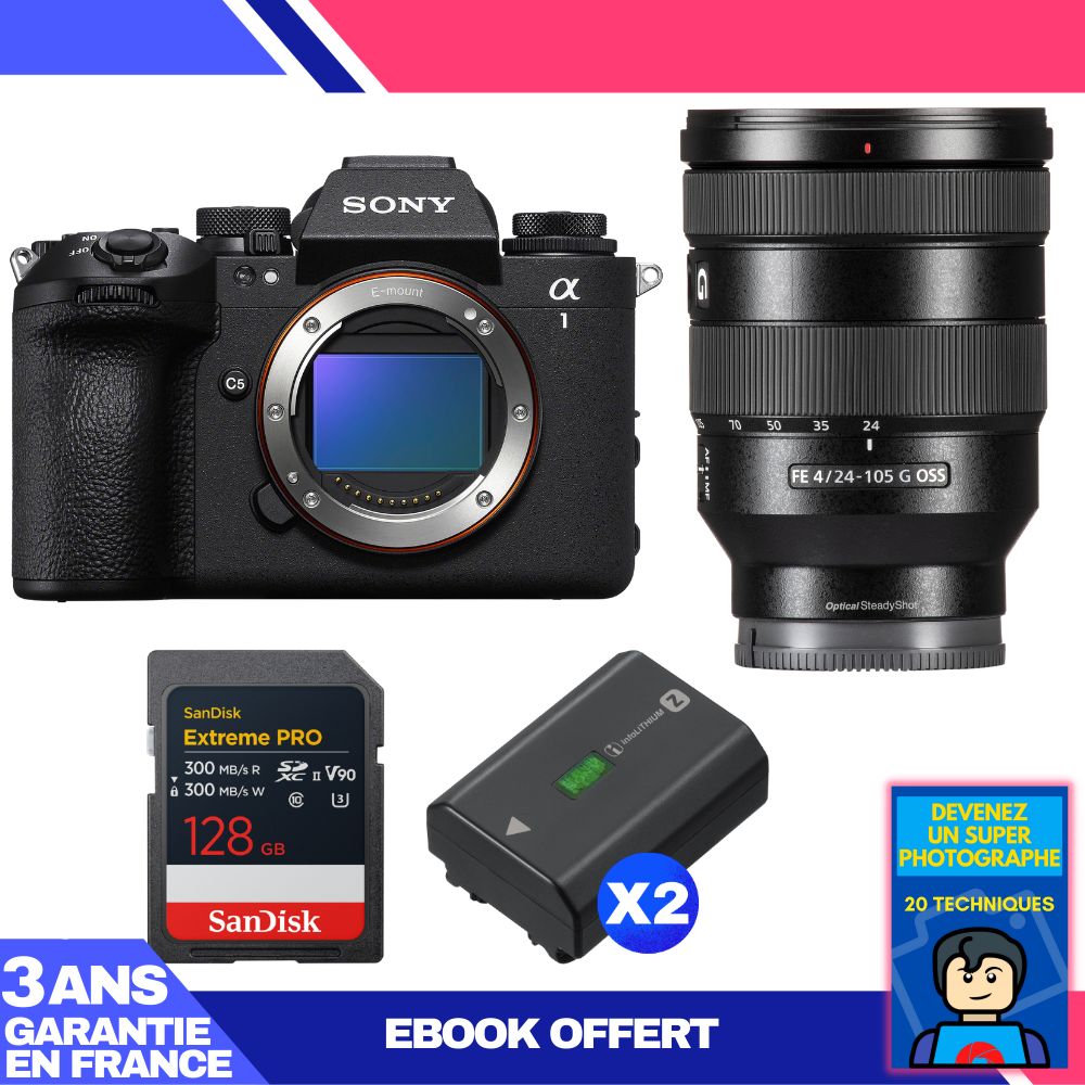 Boitier Sony alpha 1 II + FE 24 105mm f4 G OSS + 1 SanDisk Extreme PRO UHS II SDXC + 2 Sony NP FZ100 + Ebook 'Devenez Un Super Photographe
