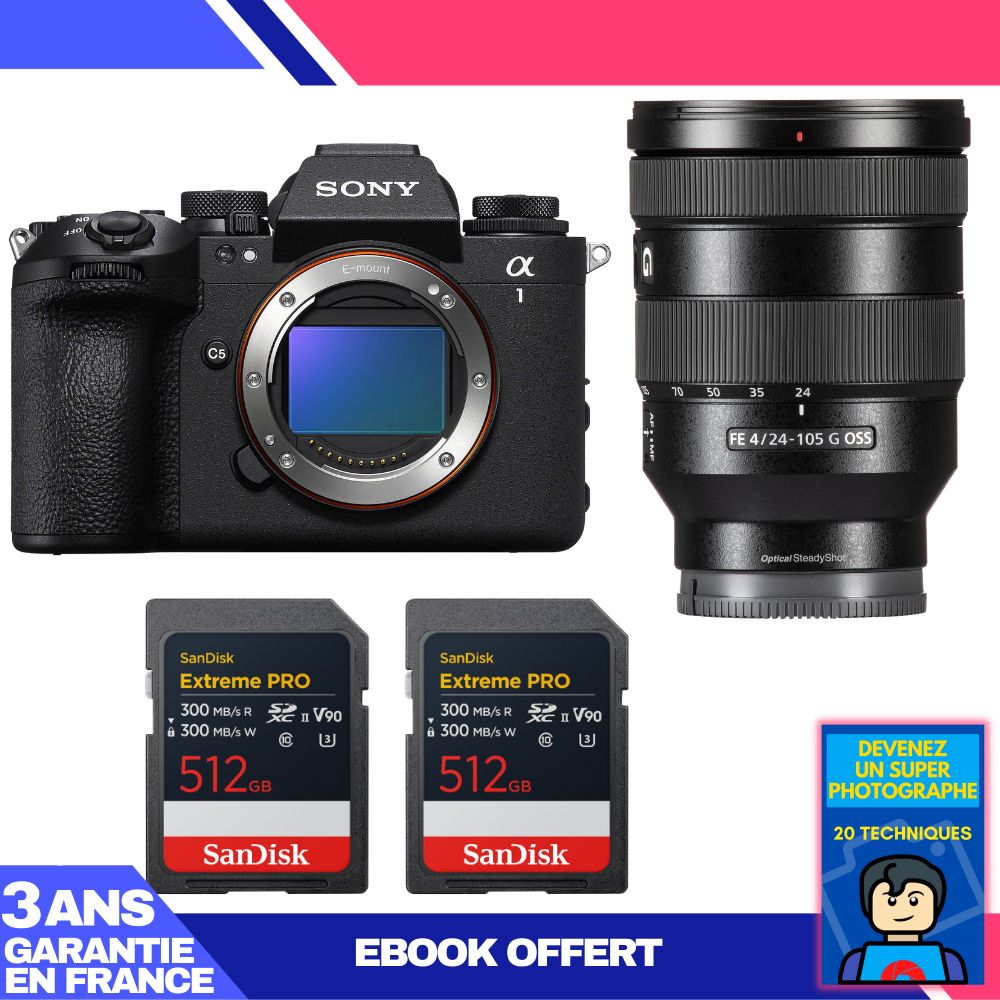 Boitier Sony alpha 1 II + FE 24 105mm f4 G OSS + 2 SanDisk Extreme PRO UHS II SDXC + Ebook 'Devenez Un Super Photographe