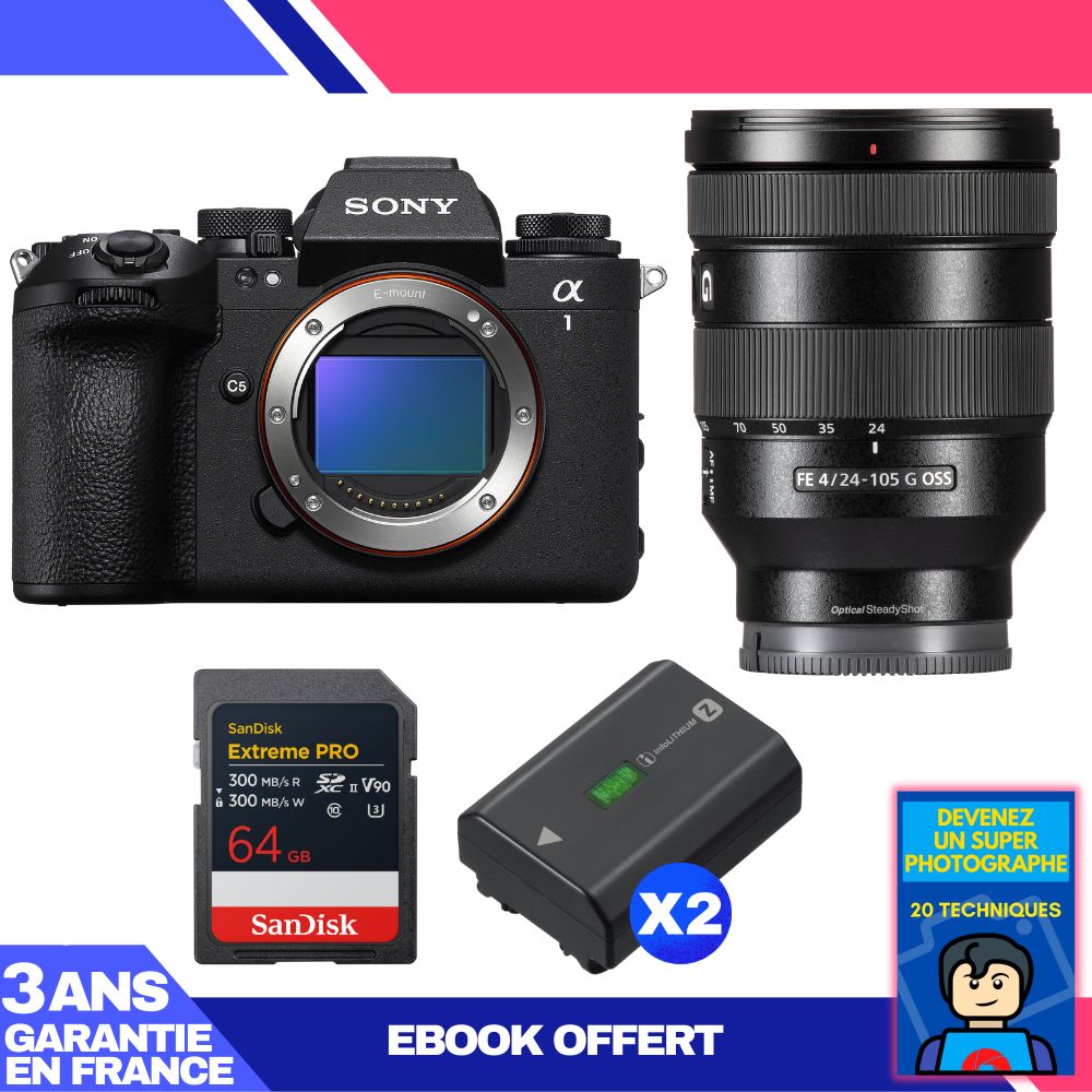 Boitier Sony alpha 1 II + FE 24 105mm f4 G OSS + 1 SanDisk Extreme PRO UHS II SDXC + 2 Sony NP FZ100 + Ebook 'Devenez Un Super Photographe - vue 2