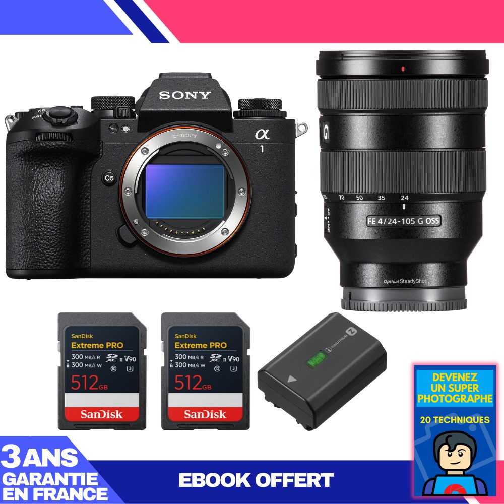 Boitier Sony alpha 1 II + FE 24 105mm f4 G OSS + 2 SanDisk Extreme PRO UHS II SDXC + Sony NP FZ100 + Ebook 'Devenez Un Super Photographe