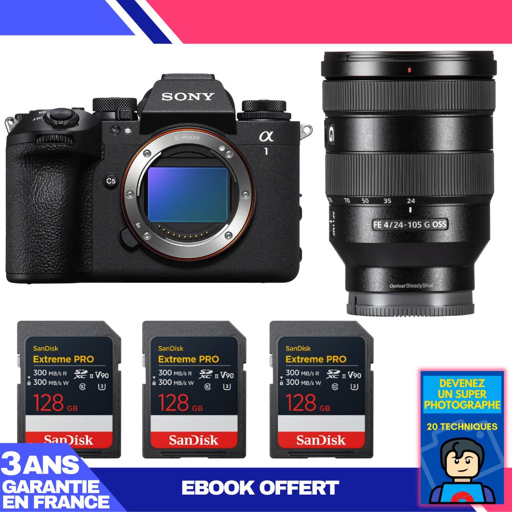 Boitier Sony alpha 1 II + FE 24 105mm f4 G OSS + 3 SanDisk Extreme PRO UHS II SDXC + Ebook 'Devenez Un Super Photographe