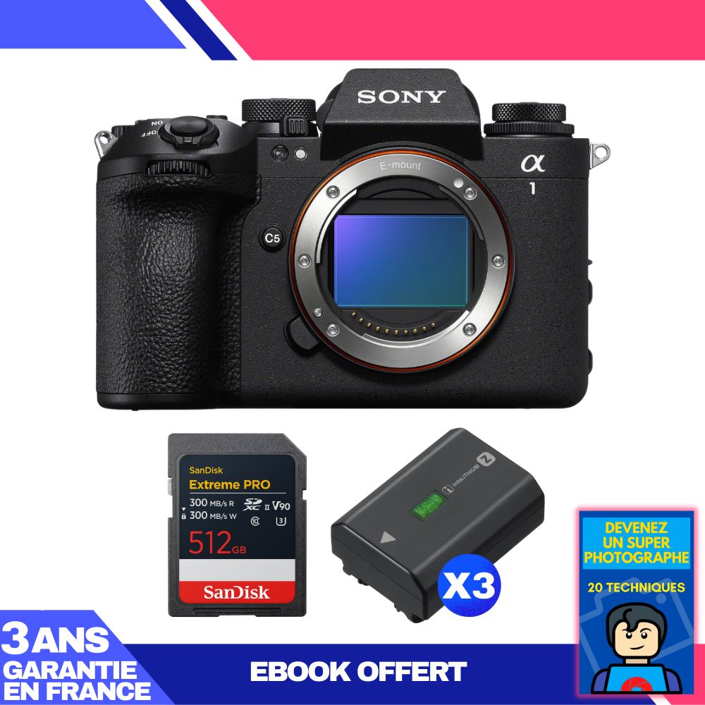 Boitier Sony alpha 1 II + 1 SanDisk Extreme PRO UHS II SDXC + 3 Sony NP FZ100 + Ebook 'Devenez Un Super Photographe