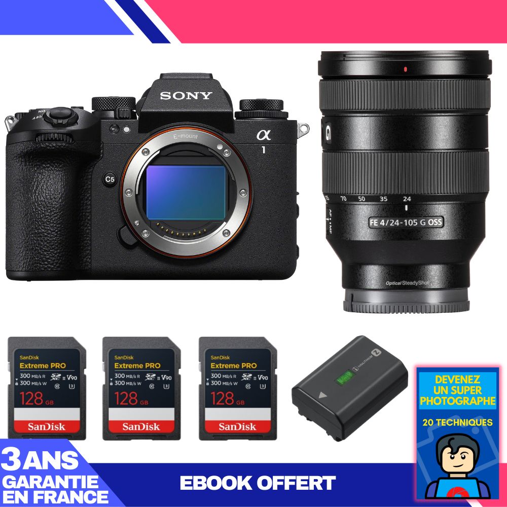Boitier Sony alpha 1 II + FE 24 105mm f4 G OSS + 3 SanDisk Extreme PRO UHS II SDXC + Sony NP FZ100 + Ebook 'Devenez Un Super Photographe