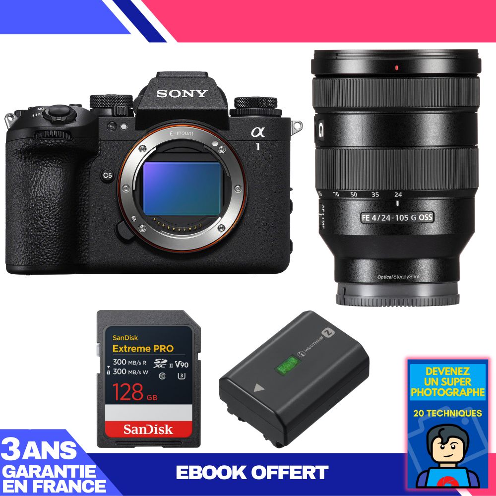Boitier Sony alpha 1 II + FE 24 105mm f4 G OSS + 1 SanDisk Extreme PRO UHS II SDXC + Sony NP FZ100 + Ebook 'Devenez Un Super Photographe