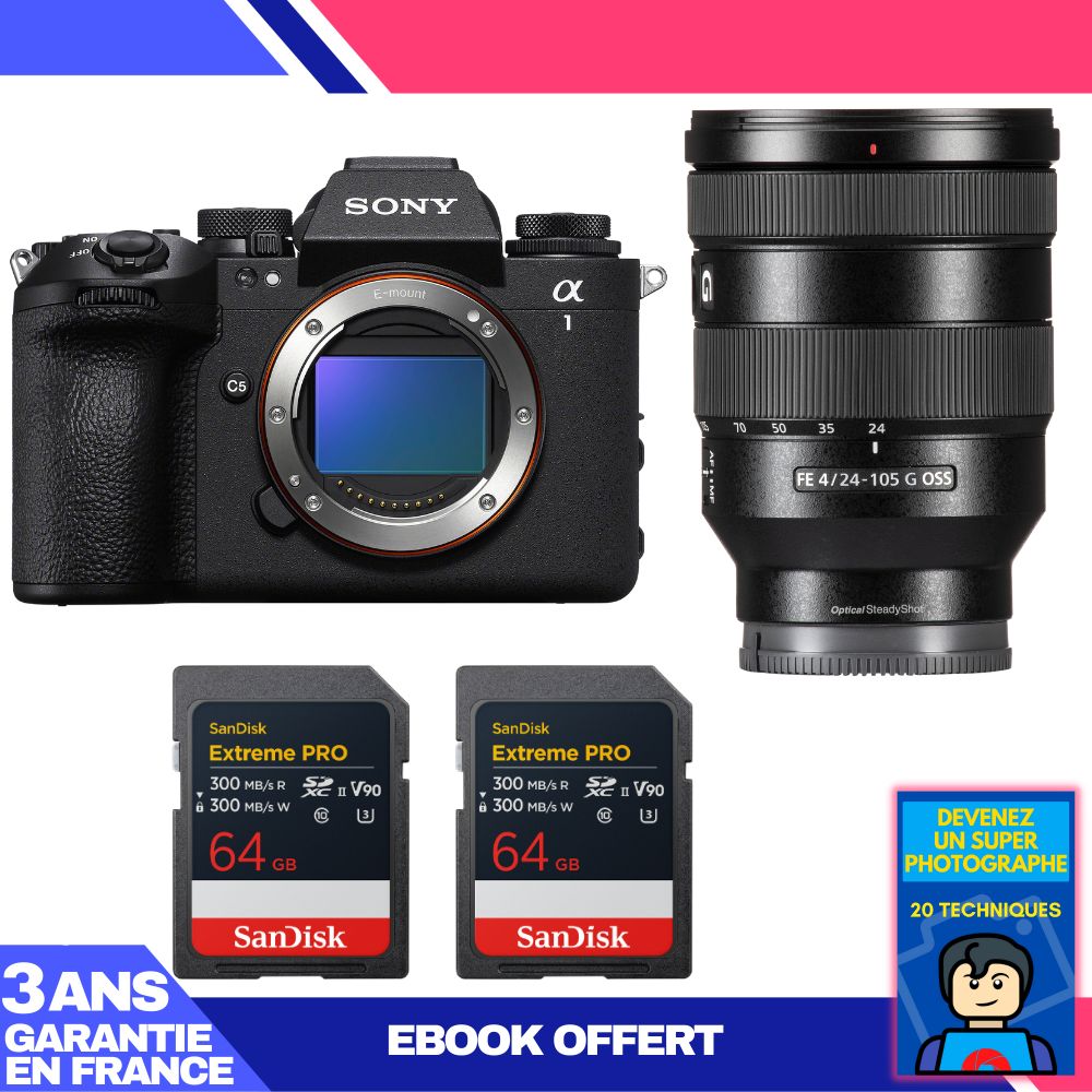 Boitier Sony alpha 1 II + FE 24 105mm f4 G OSS + 2 SanDisk Extreme PRO UHS II SDXC + Ebook 'Devenez Un Super Photographe - vue 3