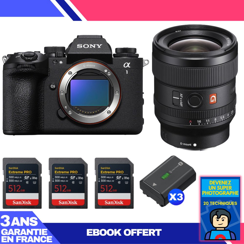 Boitier Sony alpha 1 II + FE 24mm f1.4 GM + 3 SanDisk Extreme PRO UHS II SDXC + 3 Sony NP FZ100 + Ebook 'Devenez Un Super Photographe - vue 3