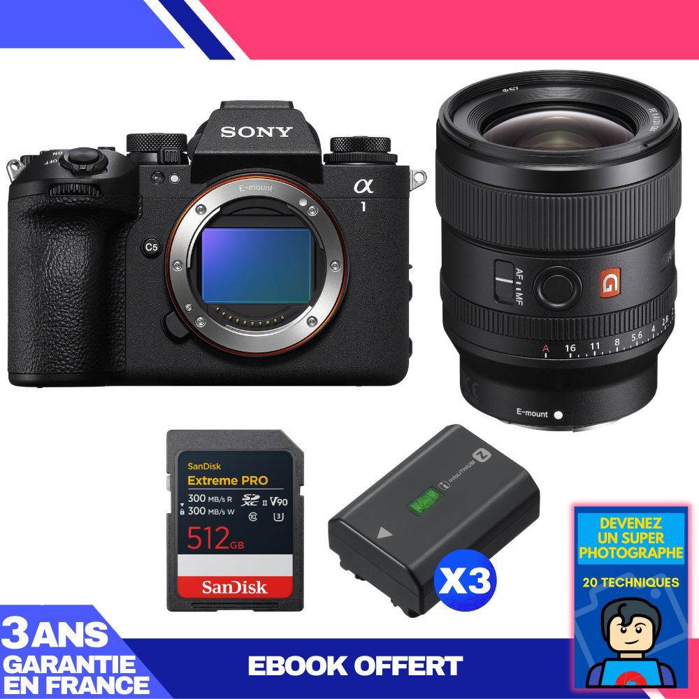 Boitier Sony alpha 1 II + FE 24mm f1.4 GM + 1 SanDisk Extreme PRO UHS II SDXC + 3 Sony NP FZ100 + Ebook 'Devenez Un Super Photographe