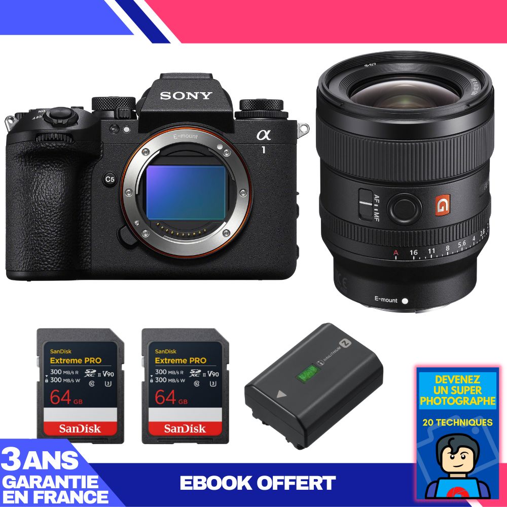 Boitier Sony alpha 1 II + FE 24mm f1.4 GM + 2 SanDisk Extreme PRO UHS II SDXC + Sony NP FZ100 + Ebook 'Devenez Un Super Photographe