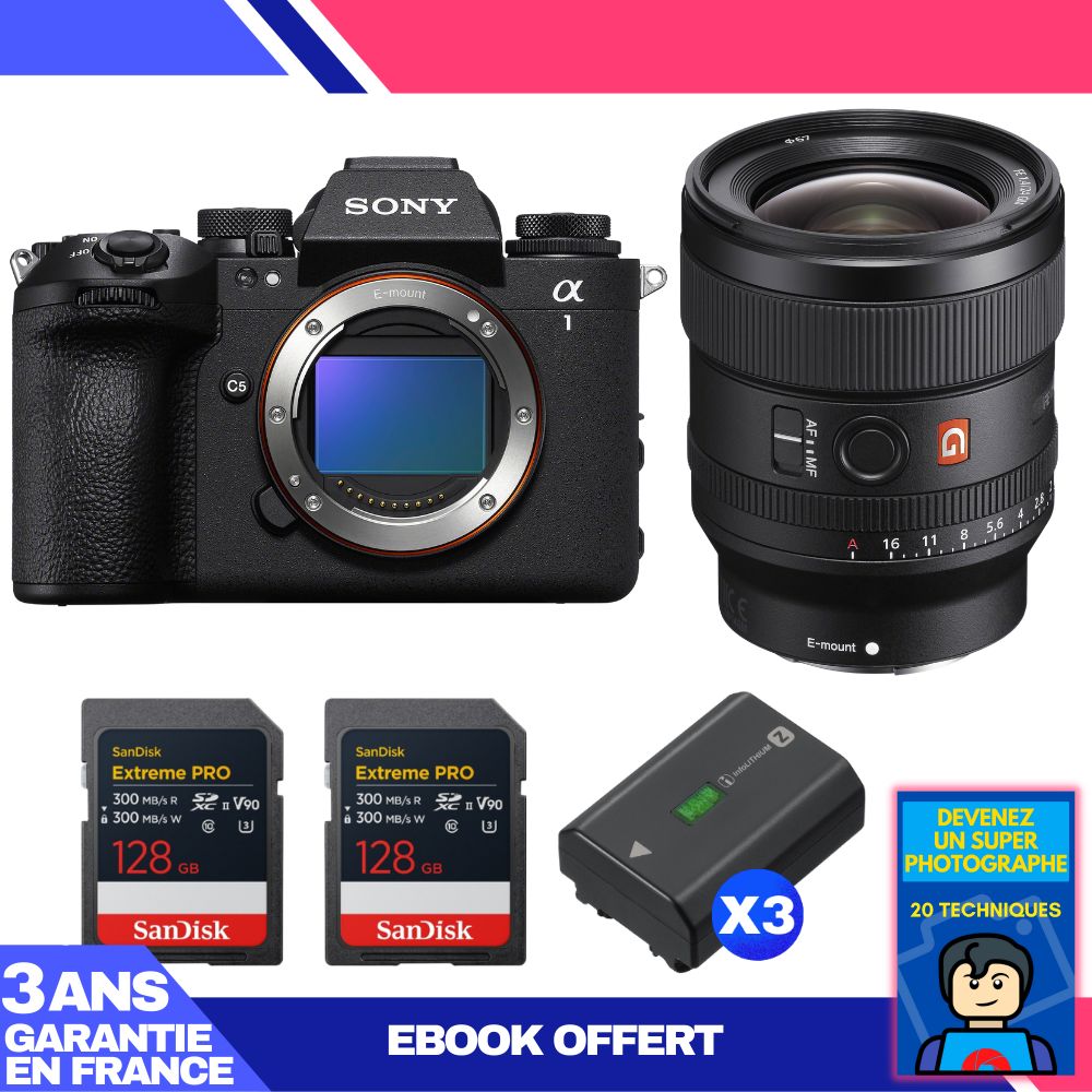 Boitier Sony alpha 1 II + FE 24mm f1.4 GM + 2 SanDisk Extreme PRO UHS II SDXC + 3 Sony NP FZ100 + Ebook 'Devenez Un Super Photographe