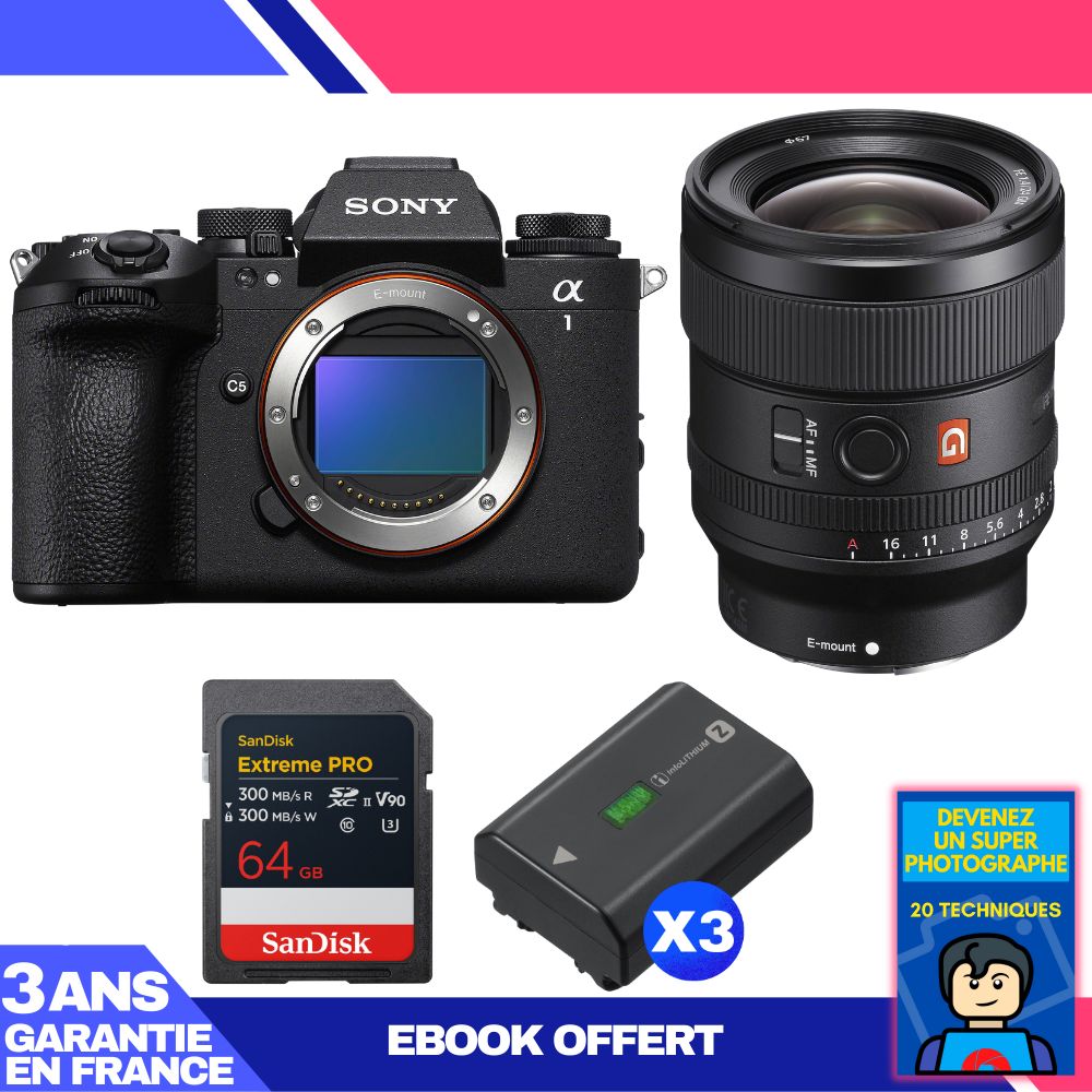 Boitier Sony alpha 1 II + FE 24mm f1.4 GM + 1 SanDisk Extreme PRO UHS II SDXC + 3 Sony NP FZ100 + Ebook 'Devenez Un Super Photographe - vue 3