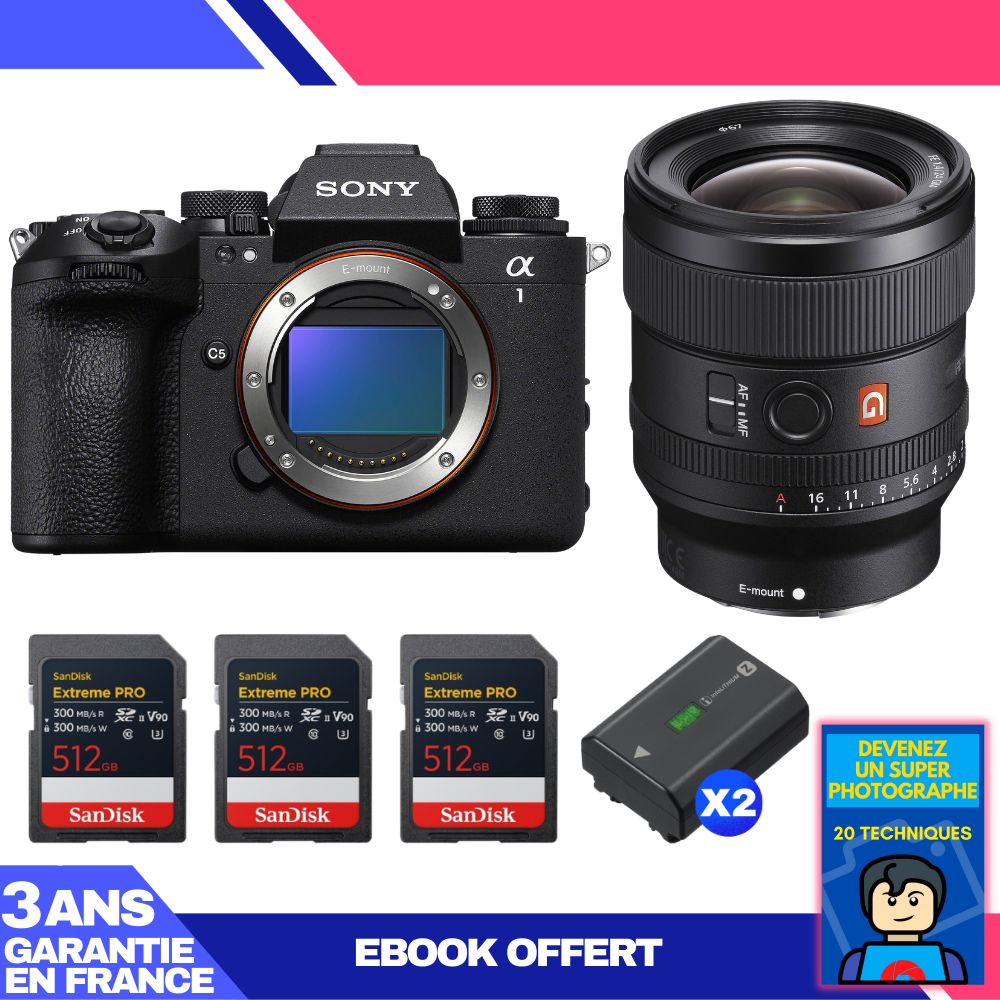 Boitier Sony alpha 1 II + FE 24mm f1.4 GM + 3 SanDisk Extreme PRO UHS II SDXC + 2 Sony NP FZ100 + Ebook 'Devenez Un Super Photographe - vue 2