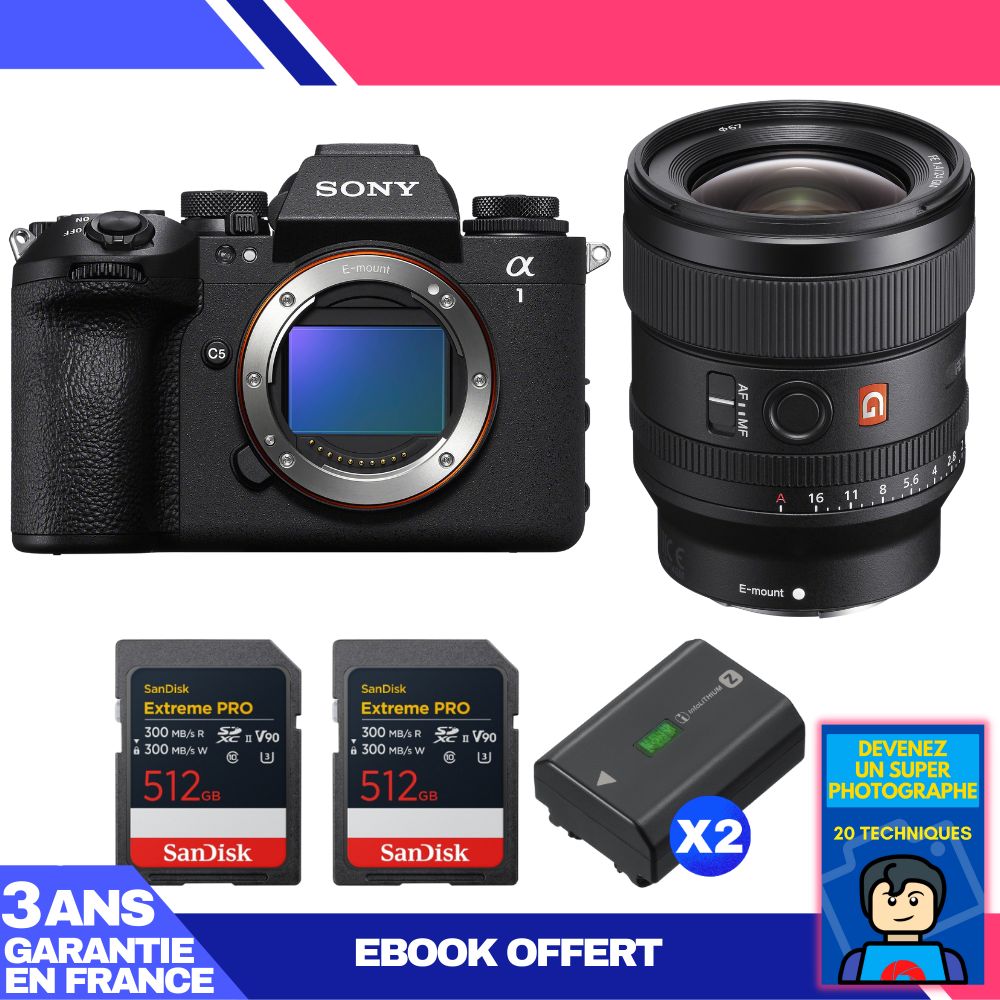 Boitier Sony alpha 1 II + FE 24mm f1.4 GM + 2 SanDisk Extreme PRO UHS II SDXC + 2 Sony NP FZ100 + Ebook 'Devenez Un Super Photographe - vue 3