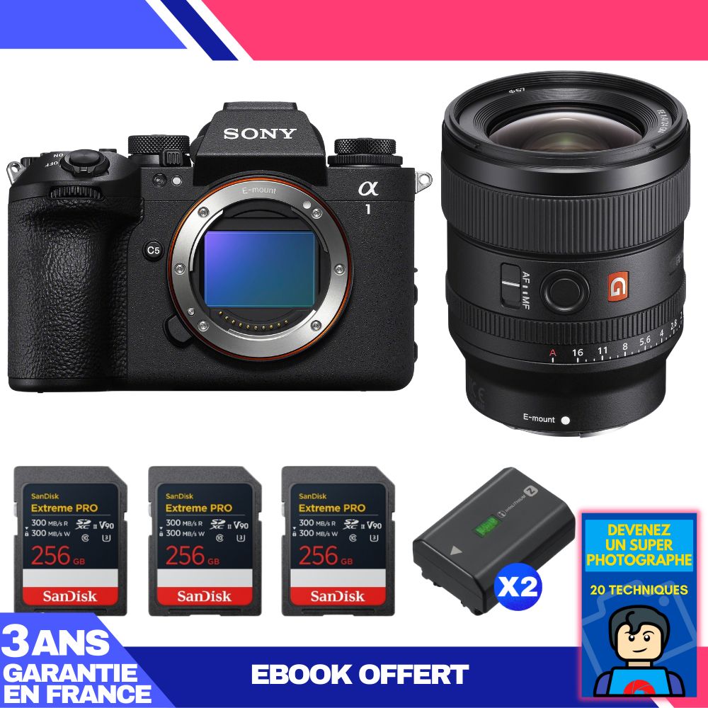 Boitier Sony alpha 1 II + FE 24mm f1.4 GM + 3 SanDisk Extreme PRO UHS II SDXC + 2 Sony NP FZ100 + Ebook 'Devenez Un Super Photographe - vue 3