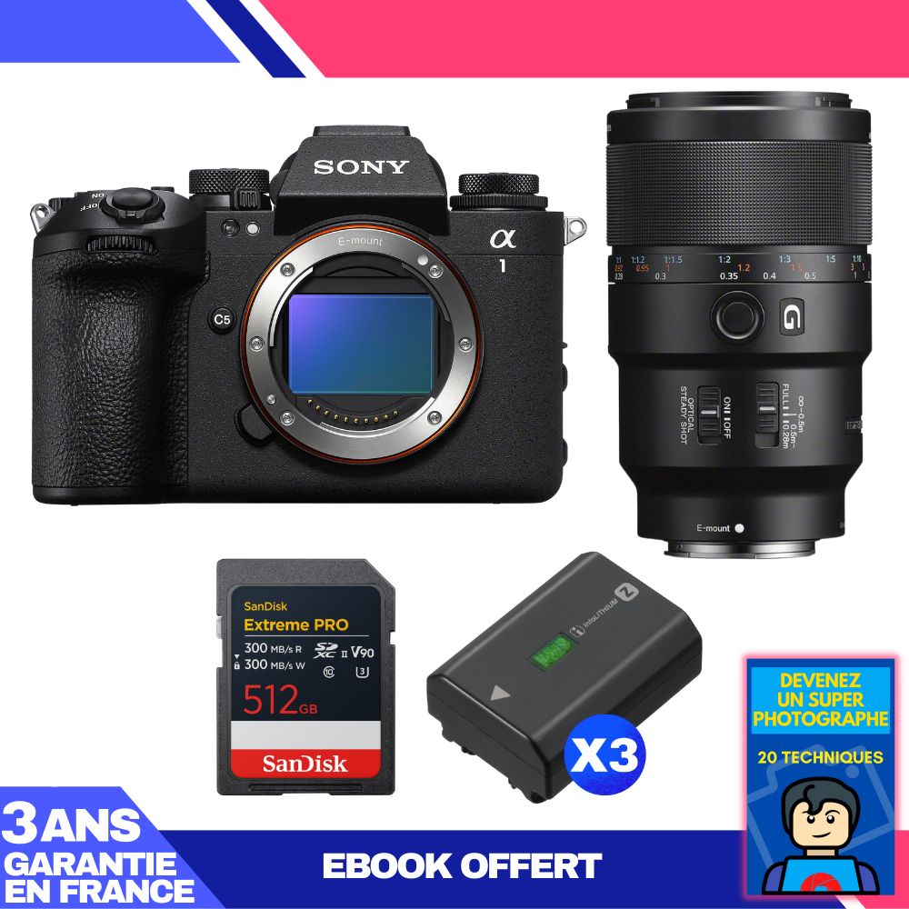 Boitier Sony alpha 1 II + FE 90mm f2.8 Macro G OSS + 1 SanDisk Extreme PRO UHS II SDXC + 3 Sony NP FZ100 + Ebook 'Devenez Un Super Photographe