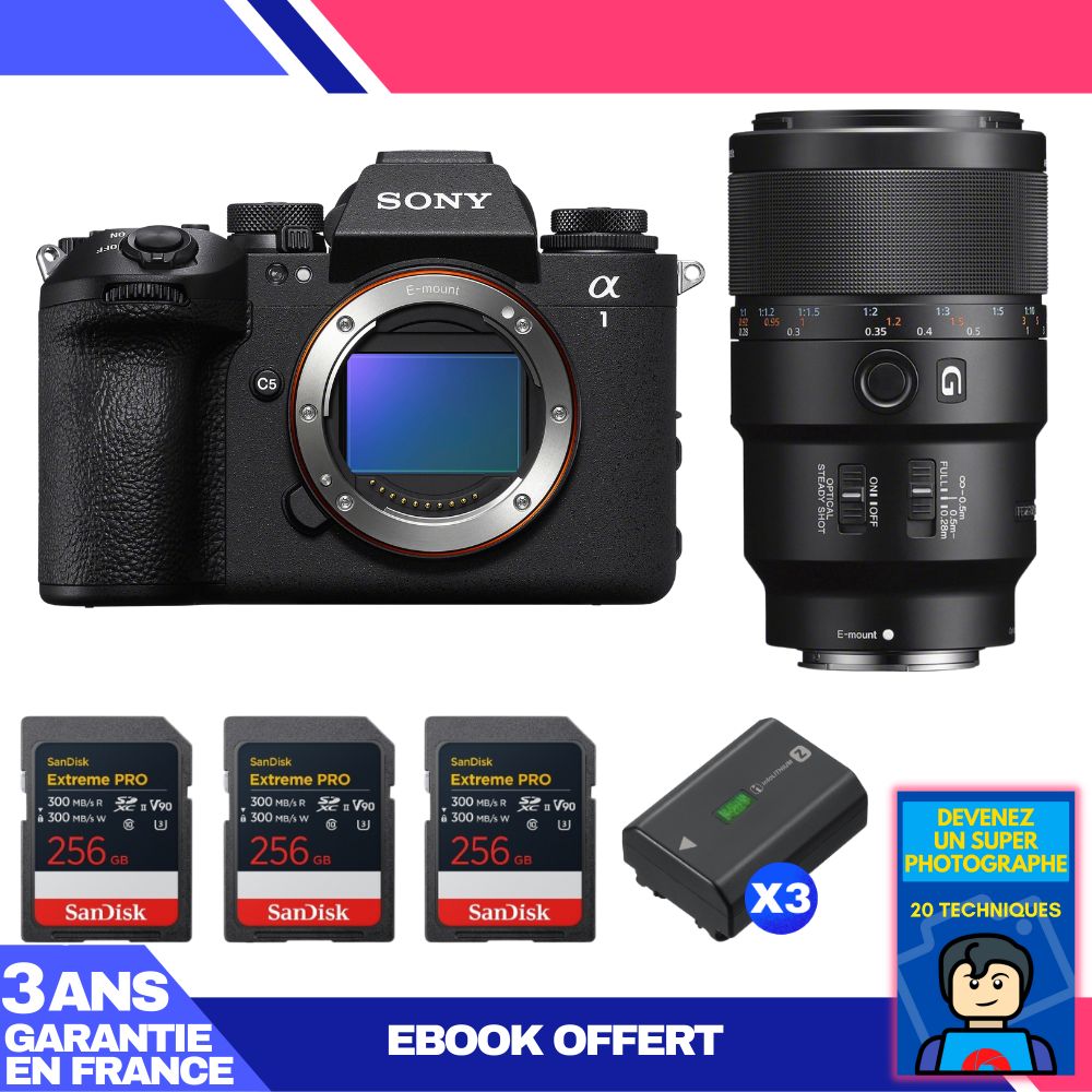 Boitier Sony alpha 1 II + FE 90mm f2.8 Macro G OSS + 3 SanDisk Extreme PRO UHS II SDXC + 3 Sony NP FZ100 + Ebook 'Devenez Un Super Photographe