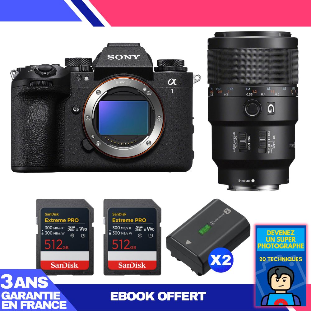 Boitier Sony alpha 1 II + FE 90mm f2.8 Macro G OSS + 2 SanDisk Extreme PRO UHS II SDXC + 2 Sony NP FZ100 + Ebook 'Devenez Un Super Photographe