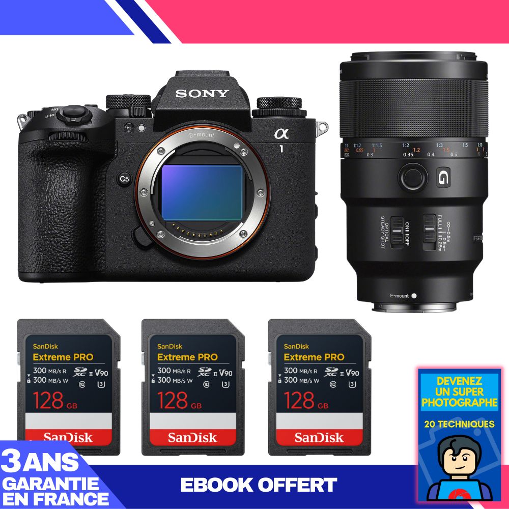 Boitier Sony alpha 1 II + FE 90mm f2.8 Macro G OSS + 3 SanDisk Extreme PRO UHS II SDXC + Ebook 'Devenez Un Super Photographe