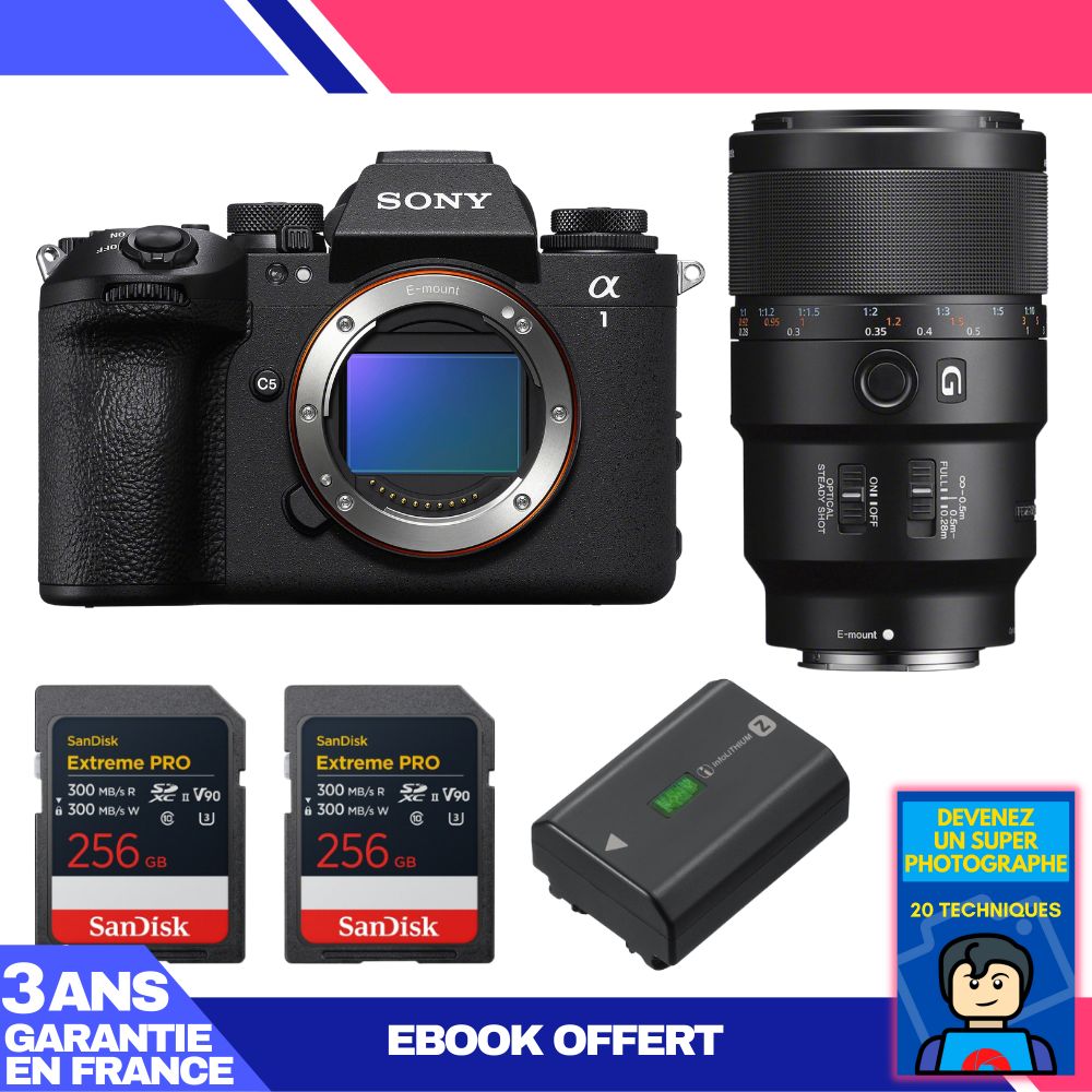 Boitier Sony alpha 1 II + FE 90mm f2.8 Macro G OSS + 2 SanDisk Extreme PRO UHS II SDXC + Sony NP FZ100 + Ebook 'Devenez Un Super Photographe