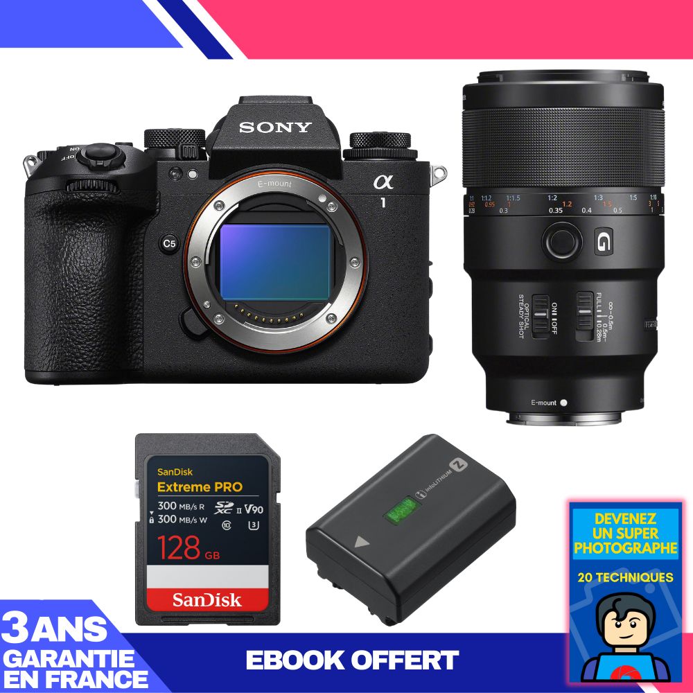 Boitier Sony alpha 1 II + FE 90mm f2.8 Macro G OSS + 1 SanDisk Extreme PRO UHS II SDXC + Sony NP FZ100 + Ebook 'Devenez Un Super Photographe
