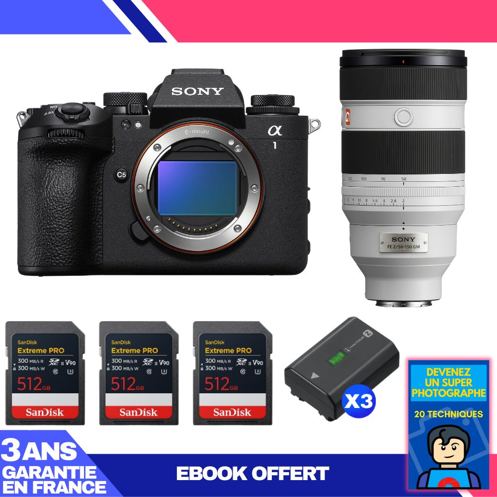 Boitier Sony alpha 1 II + FE 50 150mm f2 GM + 3 SanDisk Extreme PRO UHS II SDXC + 3 Sony NP FZ100 + Ebook 'Devenez Un Super Photographe