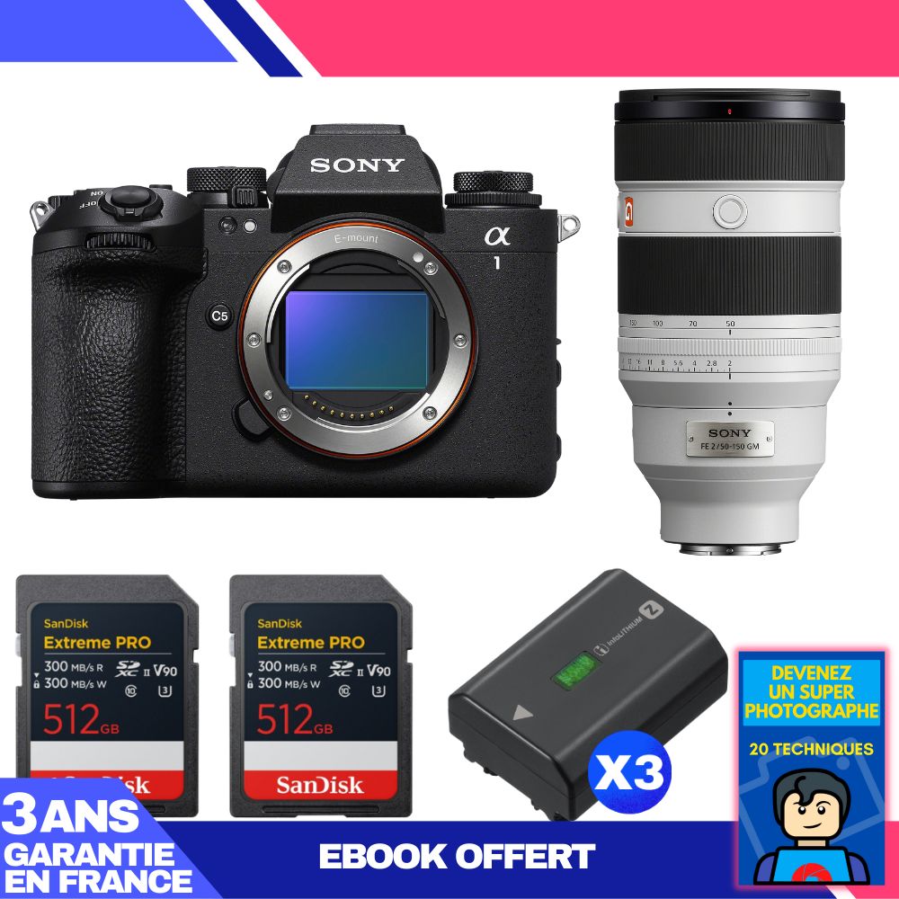 Boitier Sony alpha 1 II + FE 50 150mm f2 GM + 2 SanDisk Extreme PRO UHS II SDXC + 3 Sony NP FZ100 + Ebook 'Devenez Un Super Photographe - vue 3