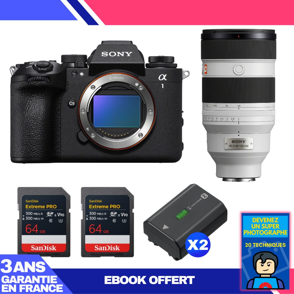 Boitier Sony alpha 1 II + FE 50 150mm f2 GM + 2 SanDisk Extreme PRO UHS II SDXC + 2 Sony NP FZ100 + Ebook 'Devenez Un Super Photographe