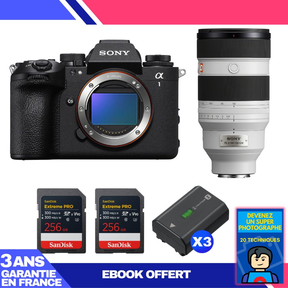 Boitier Sony alpha 1 II + FE 50 150mm f2 GM + 2 SanDisk Extreme PRO UHS II SDXC + 3 Sony NP FZ100 + Ebook 'Devenez Un Super Photographe