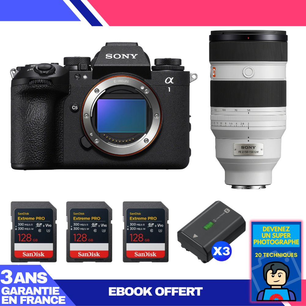 Boitier Sony alpha 1 II + FE 50 150mm f2 GM + 3 SanDisk Extreme PRO UHS II SDXC + 3 Sony NP FZ100 + Ebook 'Devenez Un Super Photographe - vue 3