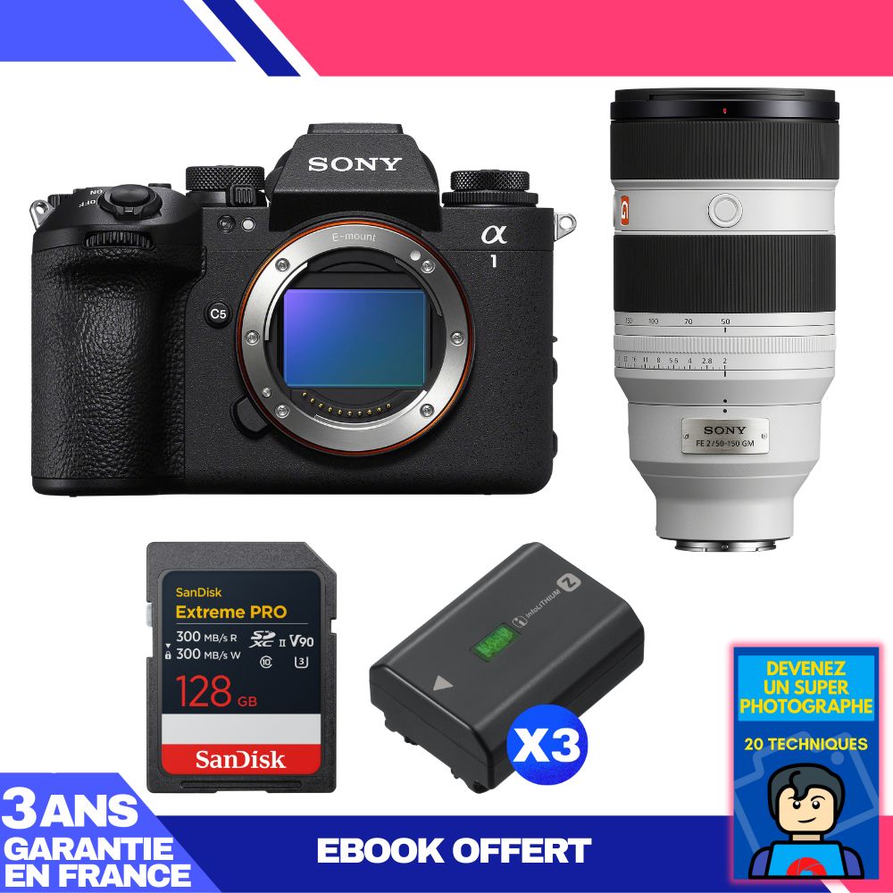 Boitier Sony alpha 1 II + FE 50 150mm f2 GM + 1 SanDisk Extreme PRO UHS II SDXC + 3 Sony NP FZ100 + Ebook 'Devenez Un Super Photographe