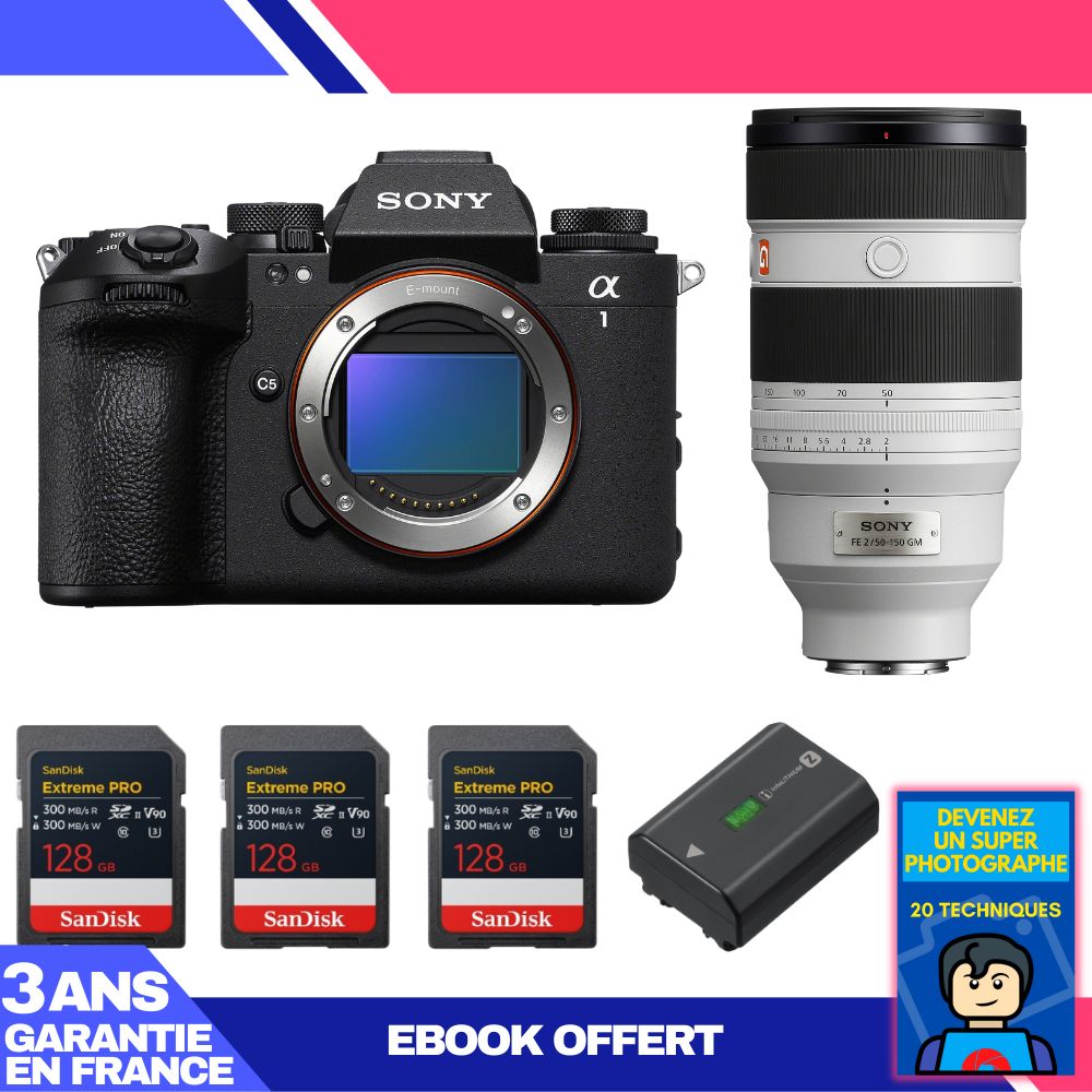 Boitier Sony alpha 1 II + FE 50 150mm f2 GM + 3 SanDisk Extreme PRO UHS II SDXC + Sony NP FZ100 + Ebook 'Devenez Un Super Photographe - vue 3