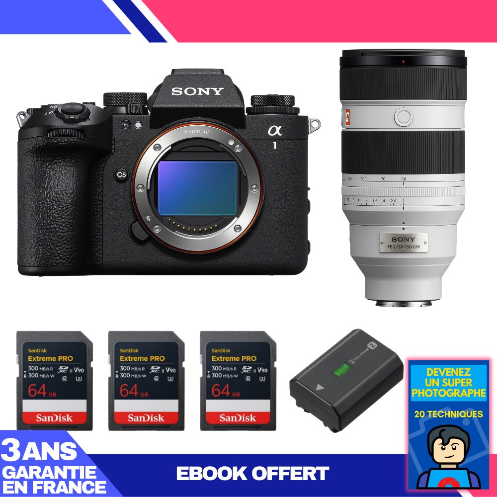 Boitier Sony alpha 1 II + FE 50 150mm f2 GM + 3 SanDisk Extreme PRO UHS II SDXC + Sony NP FZ100 + Ebook 'Devenez Un Super Photographe