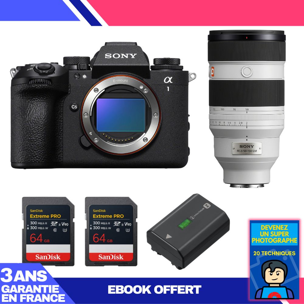 Boitier Sony alpha 1 II + FE 50 150mm f2 GM + 2 SanDisk Extreme PRO UHS II SDXC + Sony NP FZ100 + Ebook 'Devenez Un Super Photographe