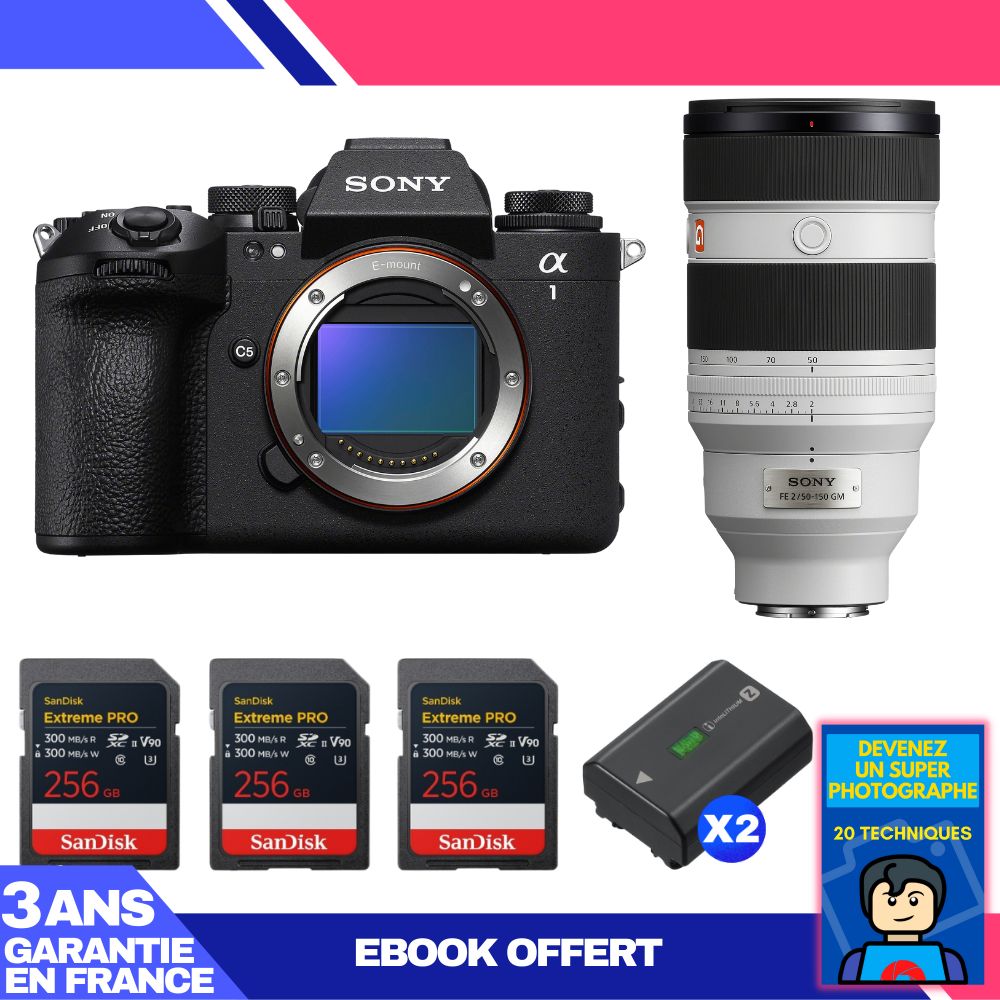 Boitier Sony alpha 1 II + FE 50 150mm f2 GM + 3 SanDisk Extreme PRO UHS II SDXC + 2 Sony NP FZ100 + Ebook 'Devenez Un Super Photographe - vue 3
