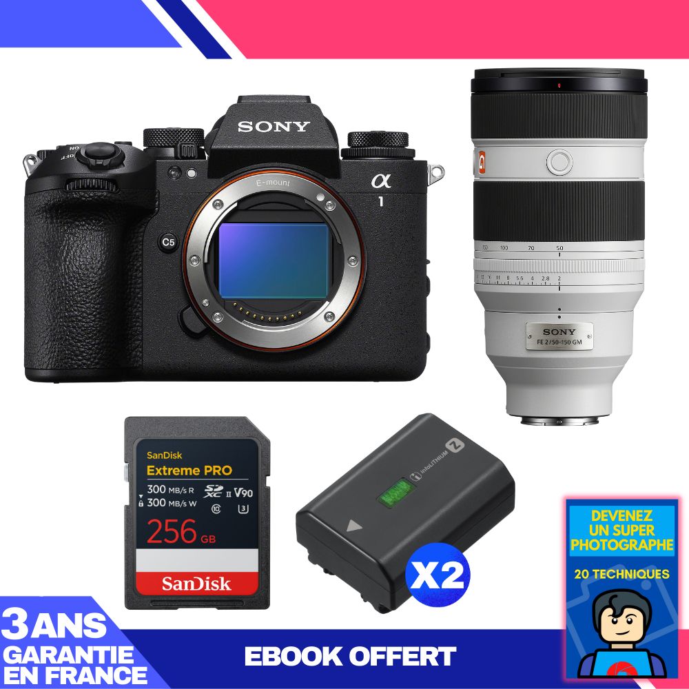 Boitier Sony alpha 1 II + FE 50 150mm f2 GM + 1 SanDisk Extreme PRO UHS II SDXC + 2 Sony NP FZ100 + Ebook 'Devenez Un Super Photographe