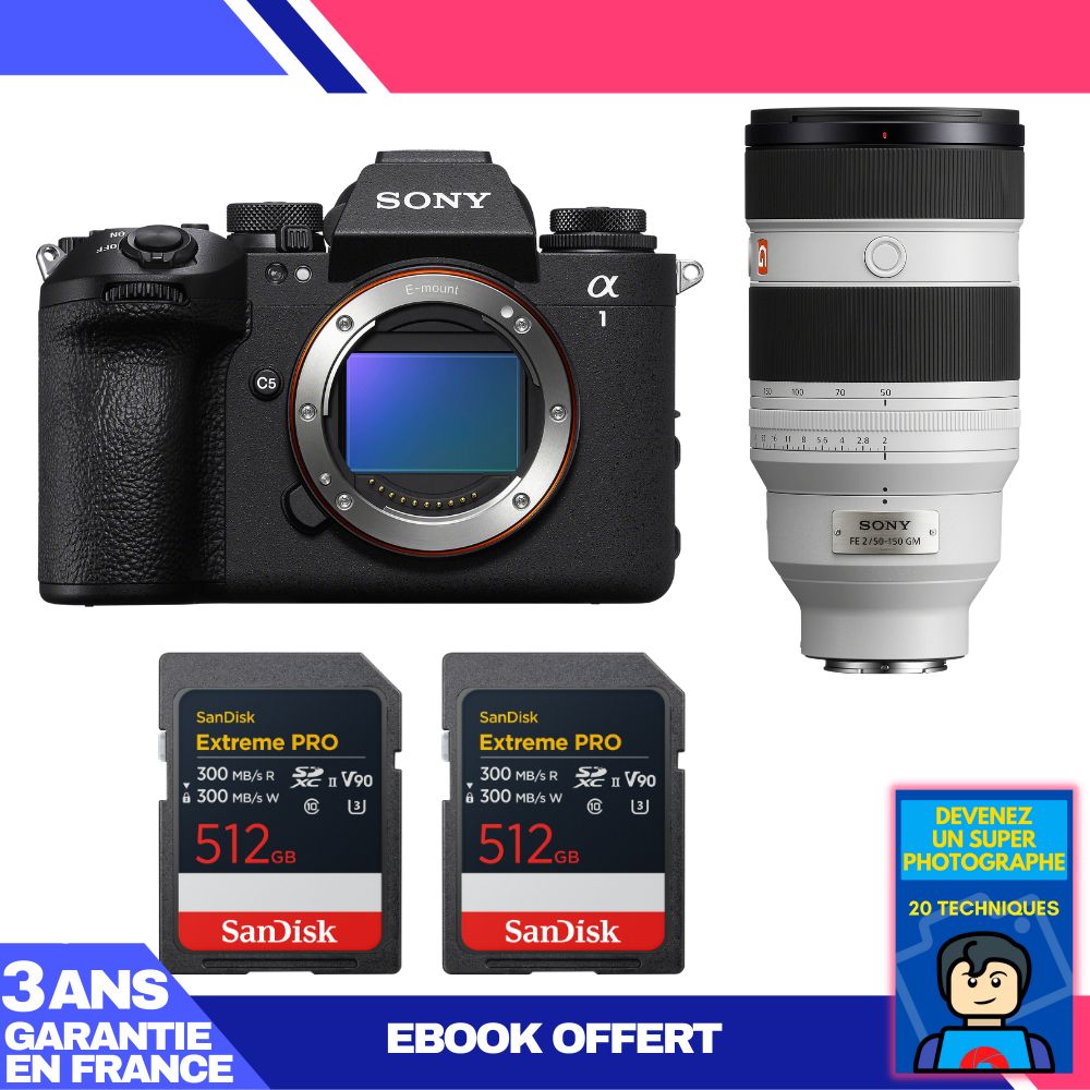 Boitier Sony alpha 1 II + FE 50 150mm f2 GM + 2 SanDisk Extreme PRO UHS II SDXC + Ebook 'Devenez Un Super Photographe