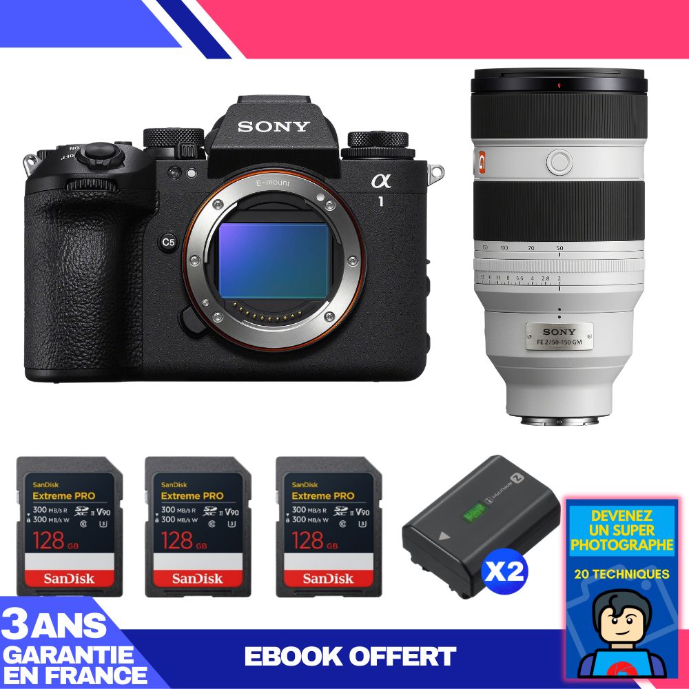 Boitier Sony alpha 1 II + FE 50 150mm f2 GM + 3 SanDisk Extreme PRO UHS II SDXC + 2 Sony NP FZ100 + Ebook 'Devenez Un Super Photographe