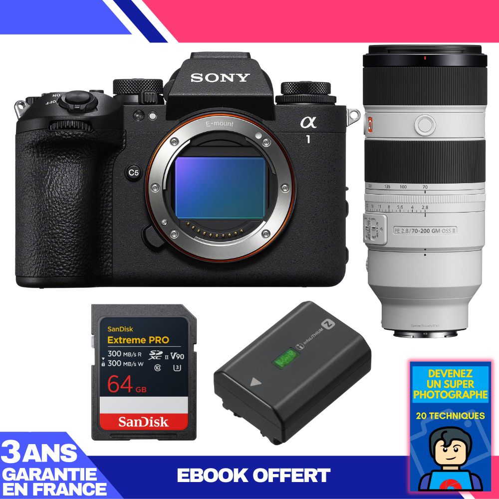 Boitier Sony alpha 1 II + FE 70 200mm f2.8 GM OSS II + 1 SanDisk Extreme PRO UHS II SDXC + Sony NP FZ100 + Ebook 'Devenez Un Super Photographe