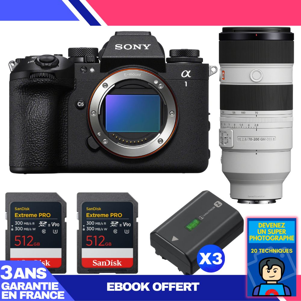 Boitier Sony alpha 1 II + FE 70 200mm f2.8 GM OSS II + 2 SanDisk Extreme PRO UHS II SDXC + 3 Sony NP FZ100 + Ebook 'Devenez Un Super Photographe - vue 3