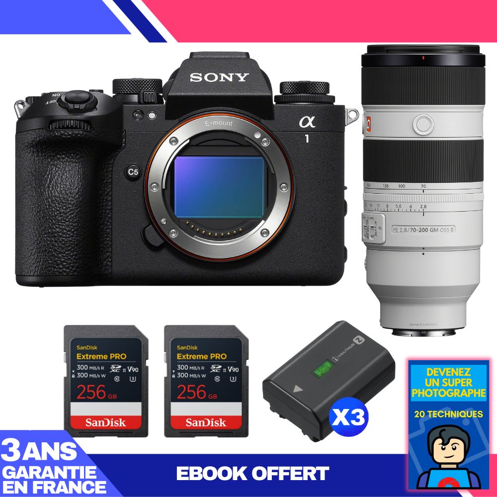 Boitier Sony alpha 1 II + FE 70 200mm f2.8 GM OSS II + 2 SanDisk Extreme PRO UHS II SDXC + 3 Sony NP FZ100 + Ebook 'Devenez Un Super Photographe