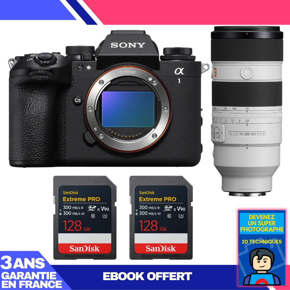 Boitier Sony alpha 1 II + FE 70 200mm f2.8 GM OSS II + 2 SanDisk Extreme PRO UHS II SDXC + Ebook 'Devenez Un Super Photographe