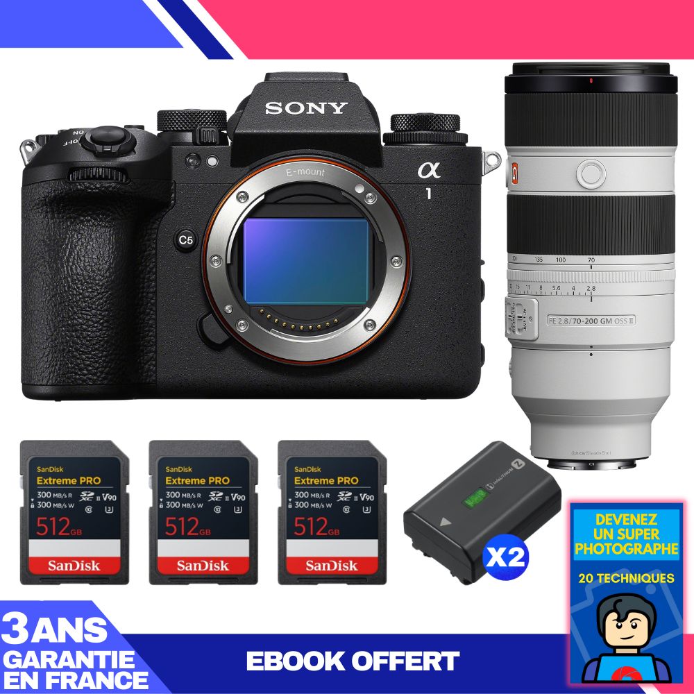 Boitier Sony alpha 1 II + FE 70 200mm f2.8 GM OSS II + 3 SanDisk Extreme PRO UHS II SDXC + 2 Sony NP FZ100 + Ebook 'Devenez Un Super Photographe